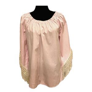 Spense Pink and White Striped  Top with Tassel 3/4 Sleeves Sz‎ M